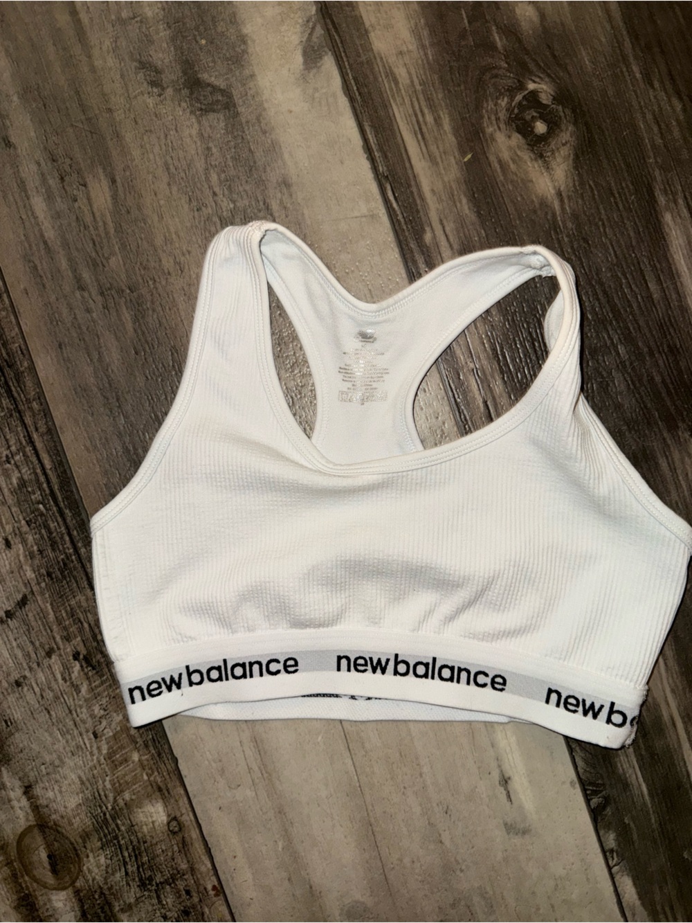 New Balance White Ribbed Racerback Sports Bra with Logo Band